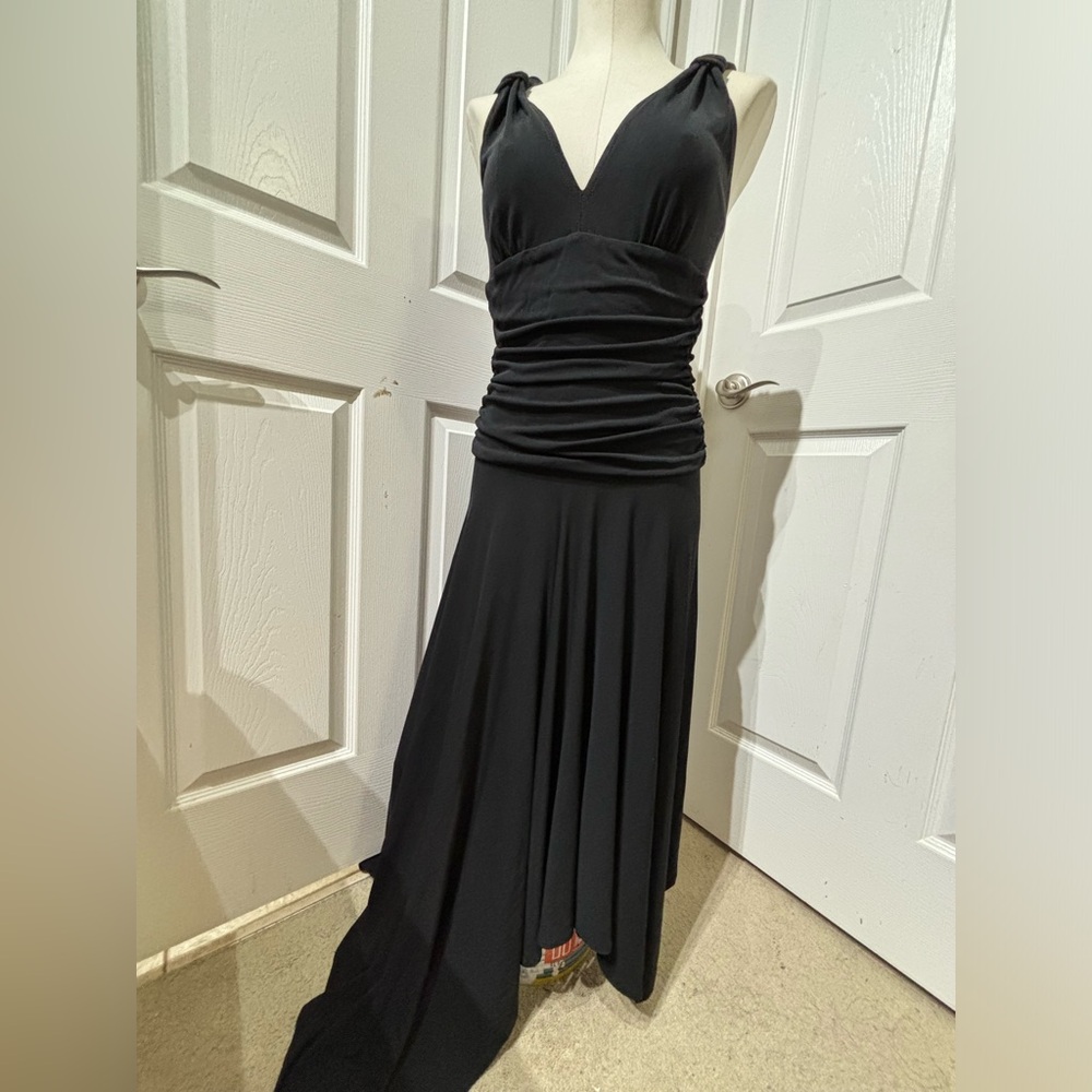 Escada Black Ruched Deep V- front and Back High-low Maxi Dress